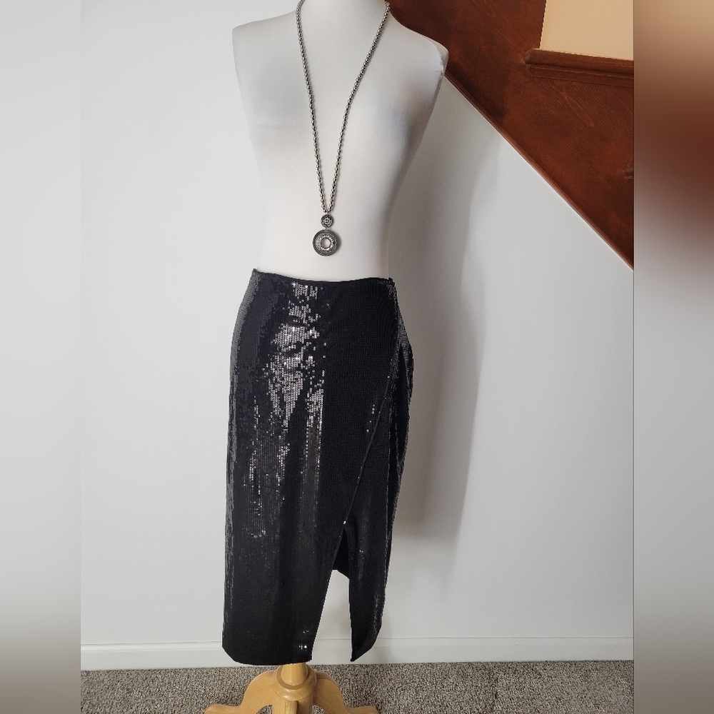 Intempo Sequins Women Midi Skirt Plus Size L Black Tulip Hem Party‎ Holiday